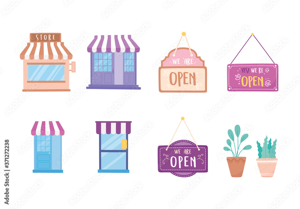 we are open sign store market facade and potted plants icons