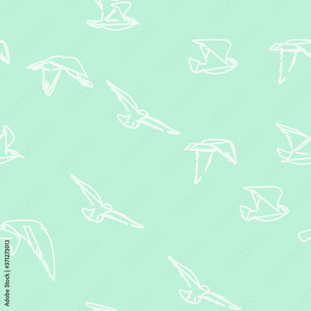 Seamless pattern Flock of flying birds Abstract geometric white line drawing on green background. Vector Seamless pattern Flock of flying birds Abstract geometric white line drawing on green background. Vector