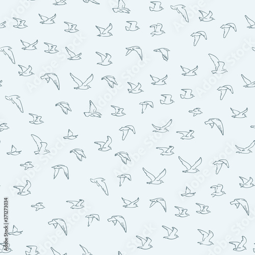 Seamless pattern Flock of flying birds drawing on light blue background. Vector hand drawn