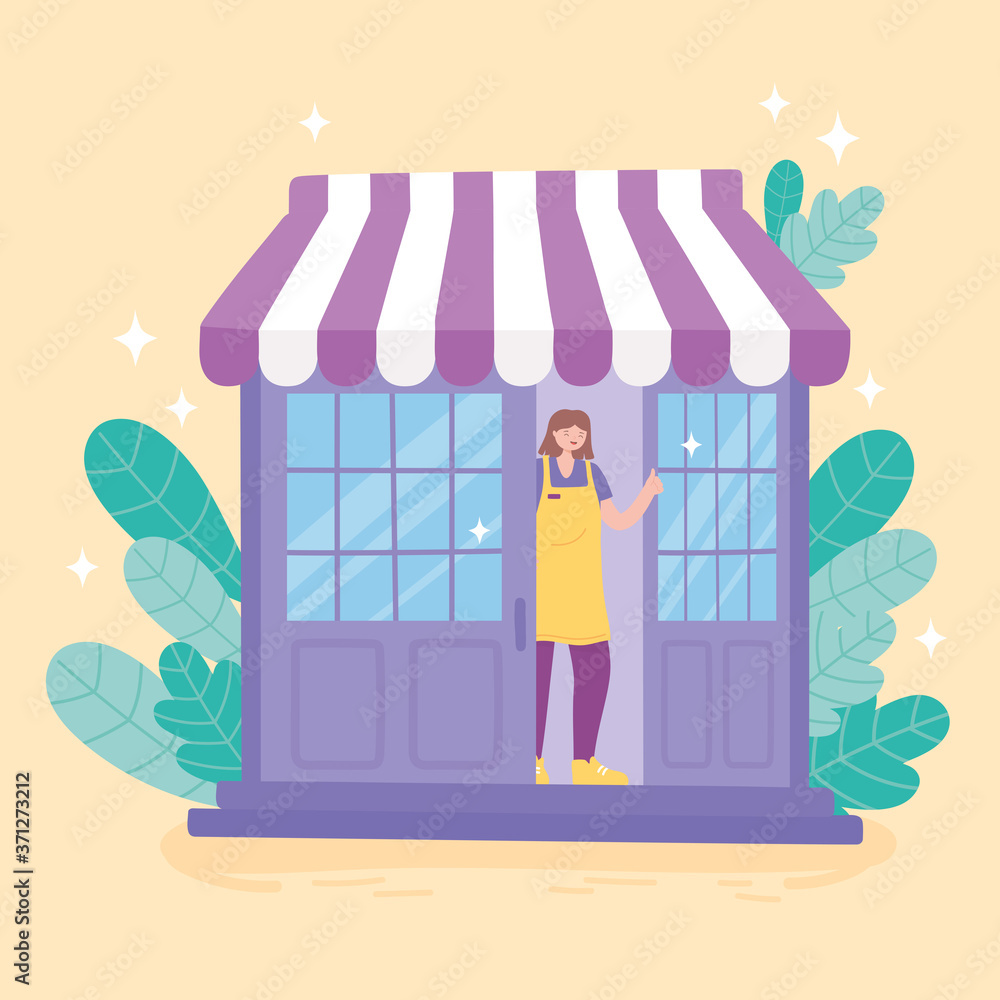 we are open sign, store shop exterior door employee woman and plants we are open sign, store shop exterior door employee woman and plants
