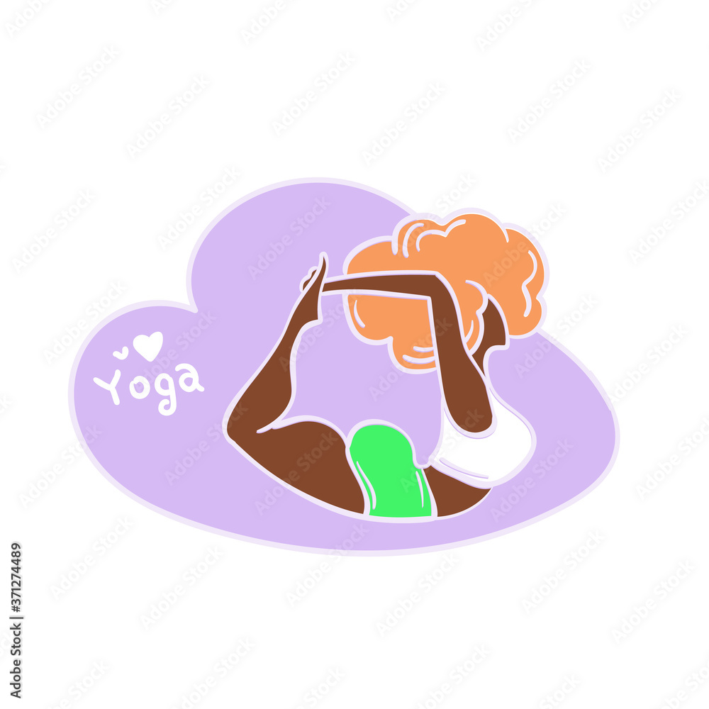 Obraz premium African american yoga woman, Black lady with red curly hair home workout body positive. Vector illustration with heart and text YOGA. Bow pose Dhanurasana. Fitness, yoga and healthy lifestyle concept