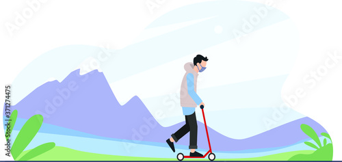 Young man on kick scooter. Guy with backpack rolling on electric scooter. Hipster character uses modern urban transport. Ecological, convenient city transportation. Cartoon flat vector illustration