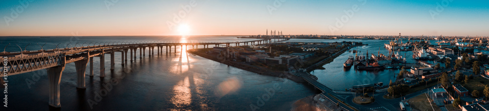 High-speed toll road, highway bypassing the city center St. Petersburg, the central section of the western high-speed section. A beautiful sunset over the Gulf of Finland