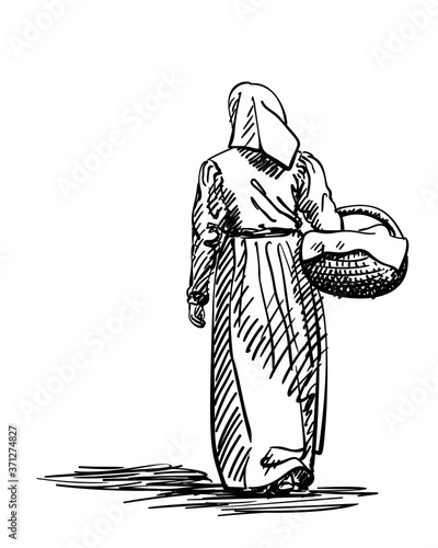 Drawing of a girl in old-fashion retro peasant dress walking away with basket, back view, Woman in vintage rural clothes, Hand drawn Vector illustration