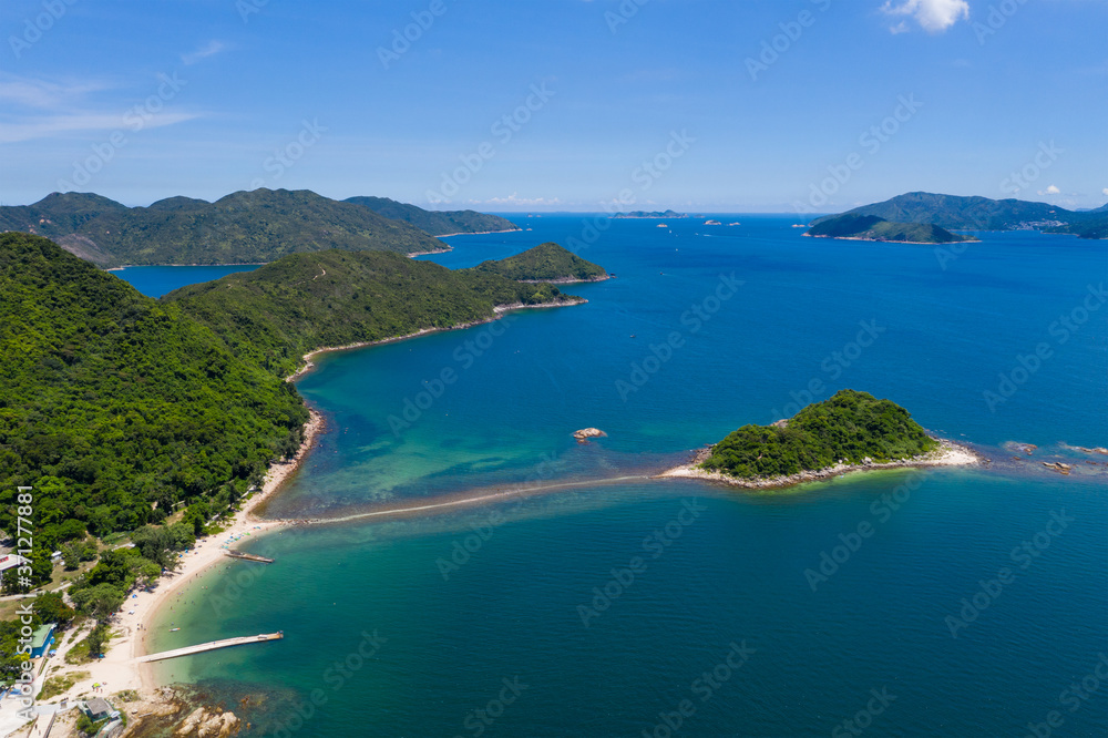 Drone fly over beautiful landscape island and sea in Sai Kung of Hong Kong