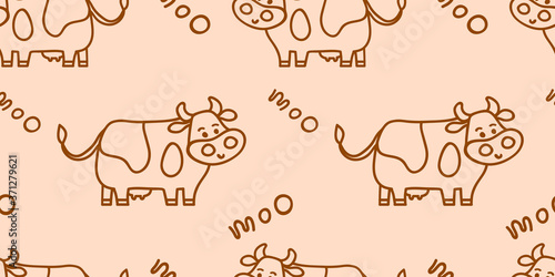 Seamless vector cute Friesian cow pattern in line doodle style with Moo lettering. Brown and pastel beige colors. For beef or fresh milk packages or farm concepts, fabric textile prints or backgrounds