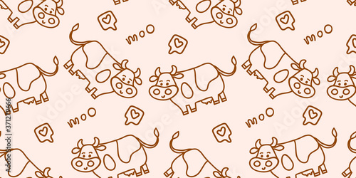 Seamless vector cute Friesian cow pattern in line doodle style with Moo lettering. Brown and pastel beige colors. For beef or fresh milk packages or farm concepts, fabric textile prints or backgrounds