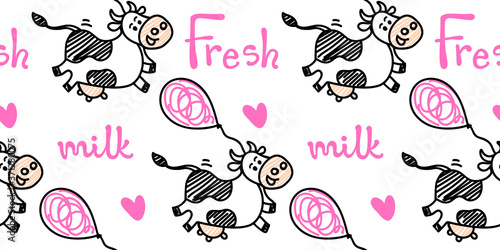 Seamless vector cute Friesian cow pattern in line doodle style with funny air balloons. Black and pink colors. For beef or fresh milk packages or farm concepts, fabric textile prints or backgrounds.
