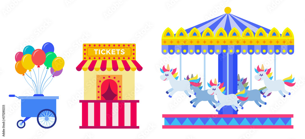 Set of cart with balloons, ticket kiosk and carousel with horses vector illustration in flat design