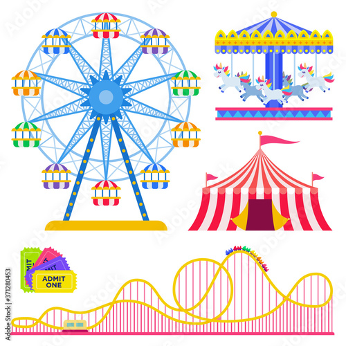 Set of colorful rides and circus tent in an amusement park vector illustration in flat design