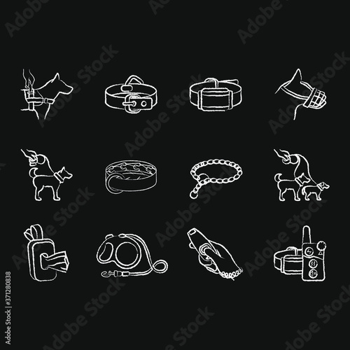 chalk icons set, walking and training dogs
