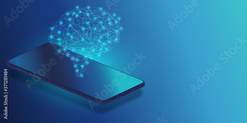 Artificial intelligence on mobile. AI with Digital Brain is learning processing big data, analysis information. Technology background concept.