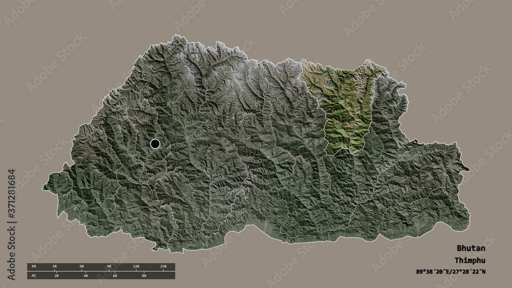 Location of Lhuentse, district of Bhutan,. Satellite