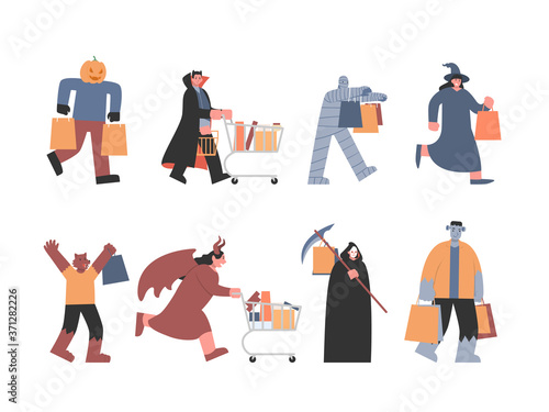 Monster and Devil in different shopping pose include vampire, witch werewolf, and other ghosts from Fantasy fiction. Concept Illustration about Halloween shopping.