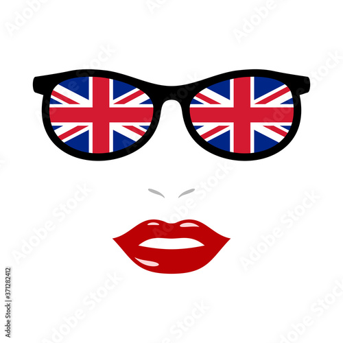 Woman lips and sunglasses with uk flag