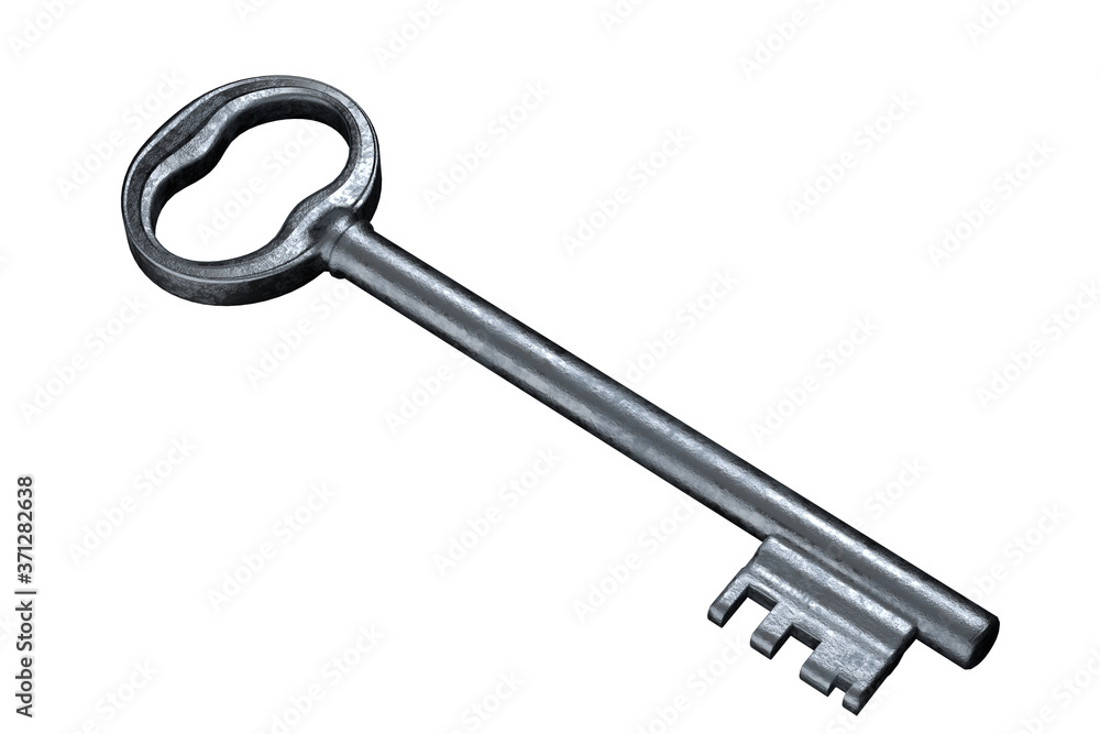 Silver grey antique door key isolated on white background. No shadows. 3d render Silver grey antique door key isolated on white background. No shadows. 3d render