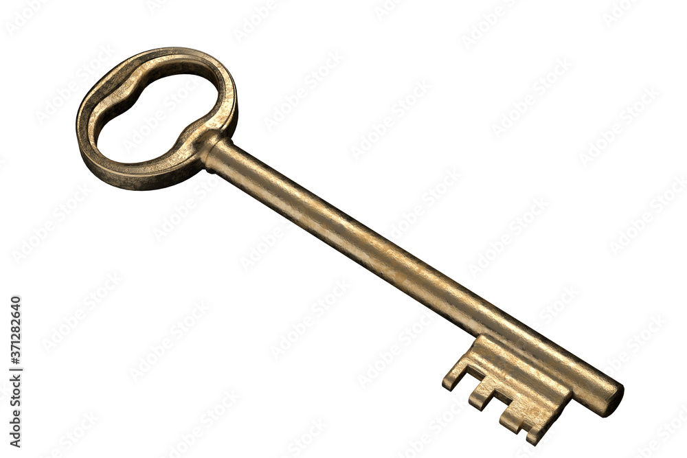 Gold antique door key isolated on white background. No shadows. 3d render Gold antique door key isolated on white background. No shadows. 3d render