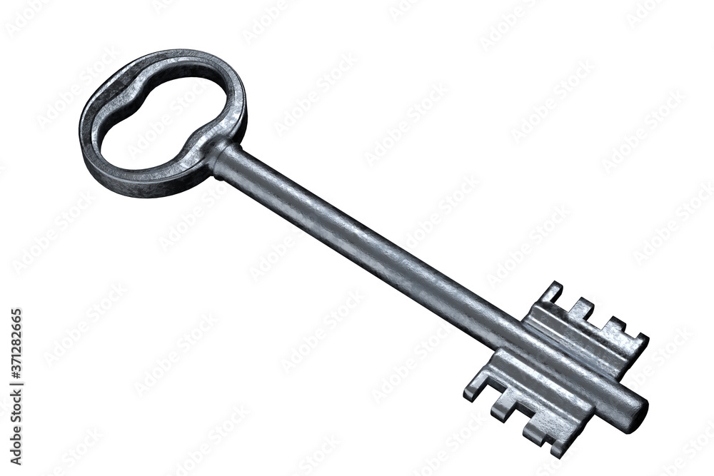Silver grey antique door key isolated on white background. No shadows. 3d render Silver grey antique door key isolated on white background. No shadows. 3d render
