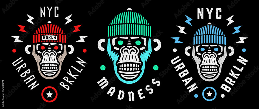 Naklejka premium Vector monkey head. Retro wild hipster. Angry chimp with hat. NYC. Urban. Brooklyn. New York City.