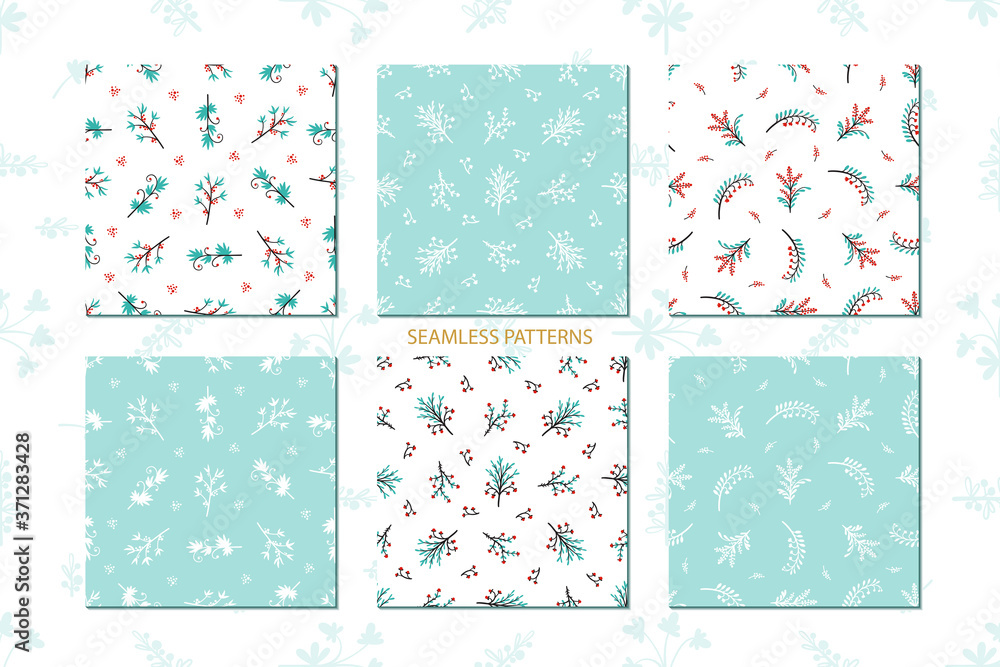 Vector Set of Berry Patterns. Floral Seamless Pattern. Background with Plants. Doodle Branches with Leaves, Flowers and Berries
Vector Set of Berry Patterns. Floral Seamless Pattern. Background with Plants. Doodle Branches with Leaves, Flowers and Berries