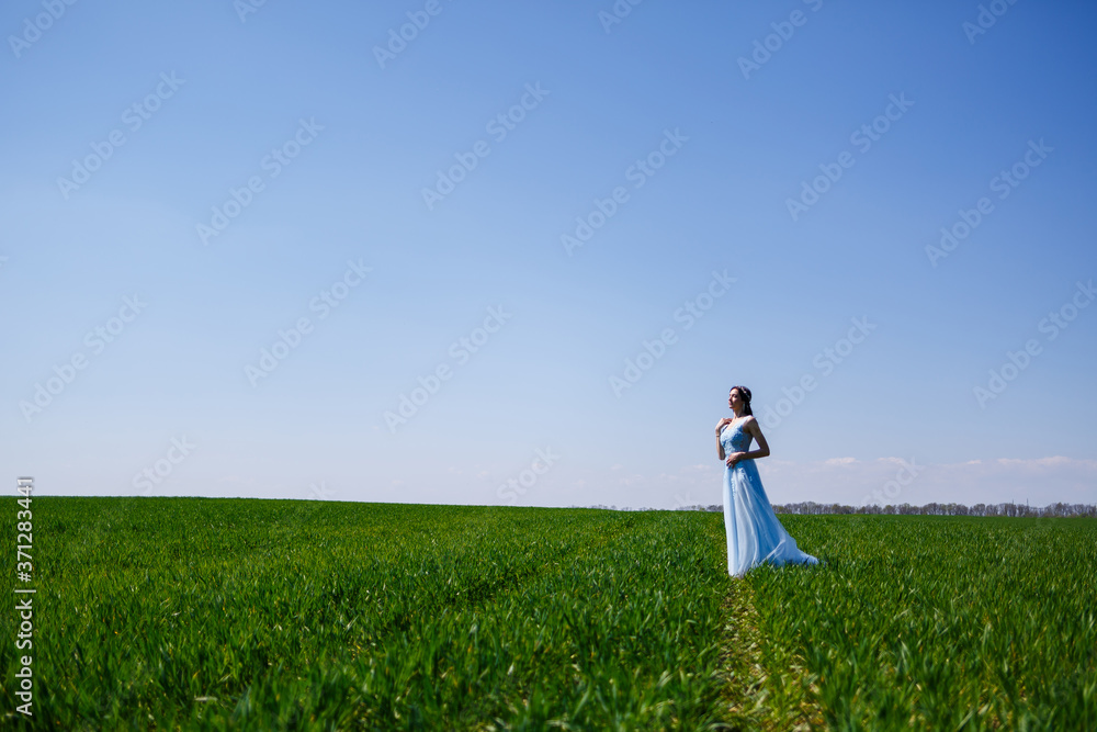 Young woman in a blue long dress on a background of green field. Fashion portrait of a beautiful girl with a smile on her face Young woman in a blue long dress on a background of green field. Fashion portrait of a beautiful girl with a smile on her face