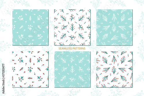 Vector Set of Berry Patterns. Floral Seamless Pattern. Background with Plants. Doodle Branches with Leaves, Flowers and Berries
