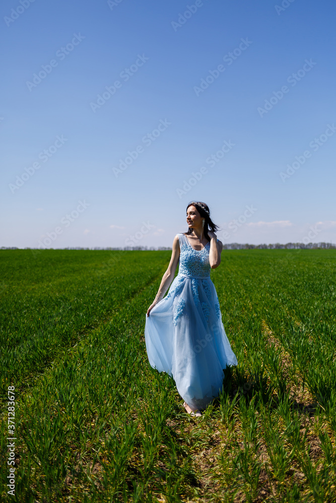 Young woman in a blue long dress on a background of green field. Fashion portrait of a beautiful girl with a smile on her face Young woman in a blue long dress on a background of green field. Fashion portrait of a beautiful girl with a smile on her face