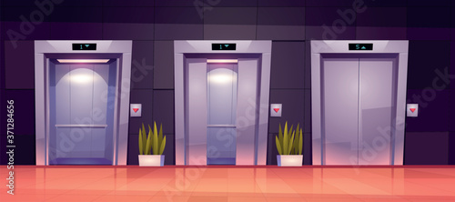 Cartoon lift doors, hallway with closed, slightly ajar and open elevator gates. Empty office lobby interior with passenger or cargo cabins, button panel and floor indicator on wall vector illustration
