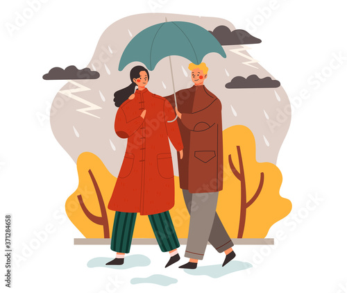 Weather and people concept with a couple holding an umbrella out walking in the rain in autumn, colored vector illustration