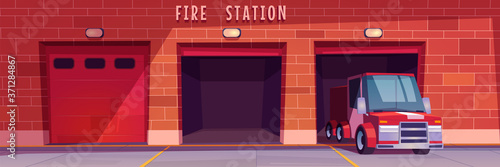 Fire station garage with red truck leaving box. Municipal city service, emergency department hangars front view, car in firehouse with close and open doors and brick wall, Cartoon vector illustration