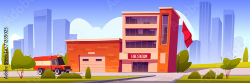 Fire truck driving to station building with garage box and red flag. Municipal city service, emergency department with hangar front view, car at firehouse with close doors Cartoon vector illustration