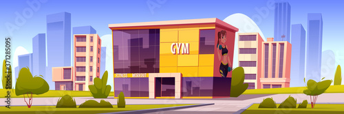 Gym building, modern sport house in summer town. Vector cartoon illustration of cityscape with fitness center facade. Architecture of workout club for sport training and exercises