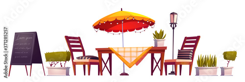 Summer terrace, outdoor city cafe, coffeehouse with wooden table, chairs and umbrella, plants and chalkboard menu isolated on white. Street drinks and snacks cafeteria, Cartoon vector illustration
