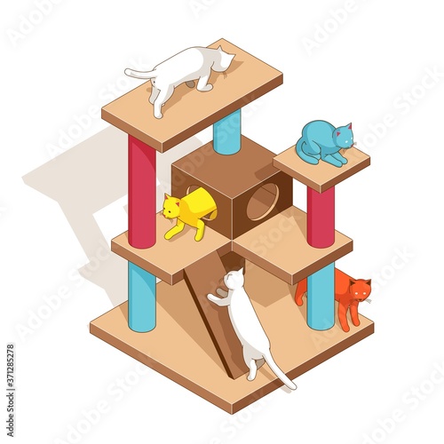 Cats playground isometric. Kittens on cat tower. 3d vector illustration.