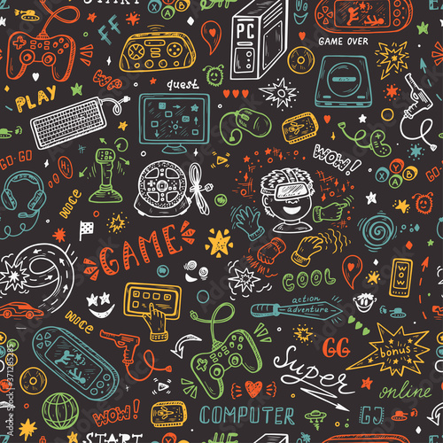 Gadget icons Vector Seamless pattern. Hand Drawn Doodle Computer Game items. Video Games Background 