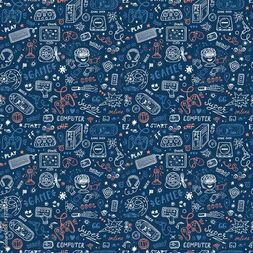 Gadget icons Vector Seamless pattern. Hand Drawn Doodle Computer Game items. Video Games Background
