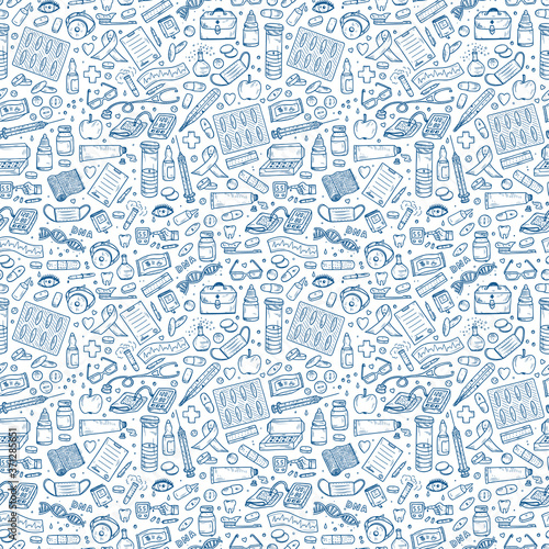 Healthcare and Medicine Vector Seamless pattern. Hand Drawn Doodle Drugs and Medical Products and Devices Background
