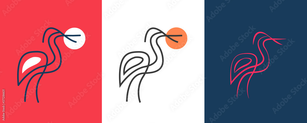 Obraz premium Cattle egret bird logo design. Awesome cattle egret bird silhouette. A cattle egret bird logotype.Heron drawings ,ibis vector ,swamp logo design ,abstract heron ,crane bird cartoon,line art heron 2