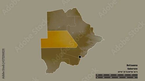 Location of Ghanzi, district of Botswana,. Relief photo