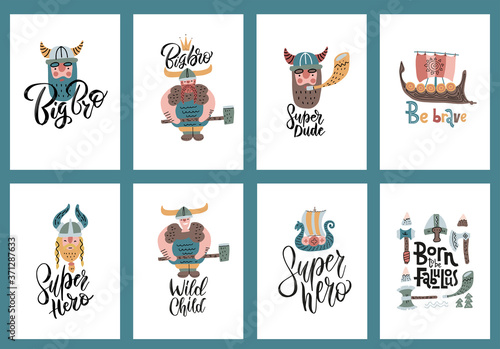 Cute set of a4 size vikings cartoon characters posters, scandinavian style with lettering. Vector flat illustrations for and banner, children's book , postcard, gift card, print for t-shirt, sticker