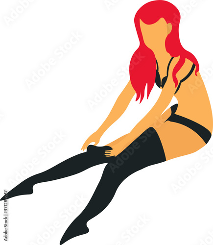 A young redhead in black lingerie putting on bottomless pantyhose