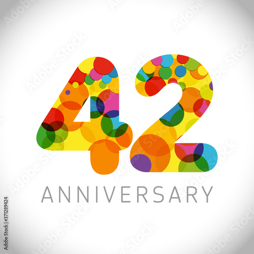 42 nd anniversary numbers. 42 years old multicolored congrats. Cute congratulation concept. Isolated abstract graphic design template. Age digits. Up to 42%, -42% percent off discount. Decorative sign