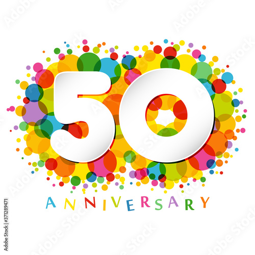 50 th anniversary numbers. 50 years old coloured congrats. Cute congratulation concept. Isolated abstract graphic design template. White digits. Up to 50%, -50% percent off discount. Decorative sign.
