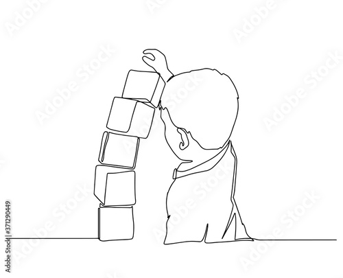 One continuous drawn line of the kid playing with toy cubes drawn from the hand a picture of the silhouette. Line art. character of the child playing with toys