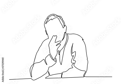 Smoking old man sitting on a bench one line illustration. A man with cigarette smoking continuous line art silhouette. Vector illustration