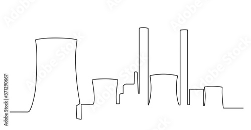 Industrial plant in continuous line art drawing style. Abstract factory buildings minimalist black linear design isolated on white background. Vector illustration. Power plant in continuous line art