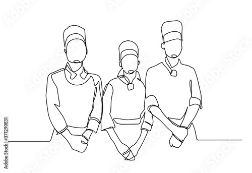 Handsome cooks. Continuous line drawing. Isolated on the white background. Vector illustration monochrome. Group of professional cooks one line drawing