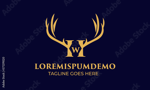 initial H and W latter with Head vector logo design wild animal with horns quality stylish luxury, modern and minimalist illustrations in line art style of a graphic sign  Linear, Horns, elk, antler