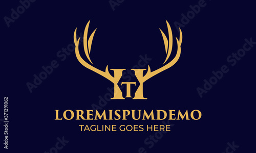 initial H and T latter with Head vector logo design wild animal with horns quality stylish luxury, modern and minimalist illustrations in line art style of a graphic sign  Linear, Horns, elk, antler