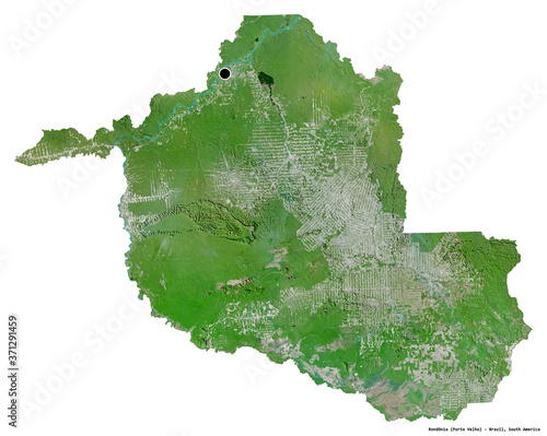 Rondônia, state of Brazil, on white. Satellite photo